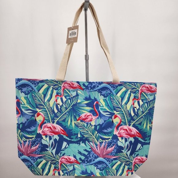 Blue Hawaiian Flamingo Print Tote Bag Purse Satchel NWT - Picture 2 of 4